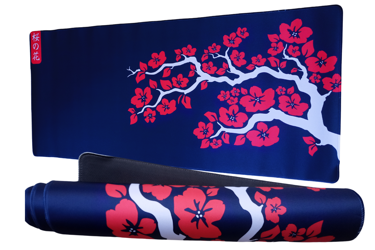 XXL Gaming Mousepad Blue and Red Japanese Cherry Blossom or Office Decor